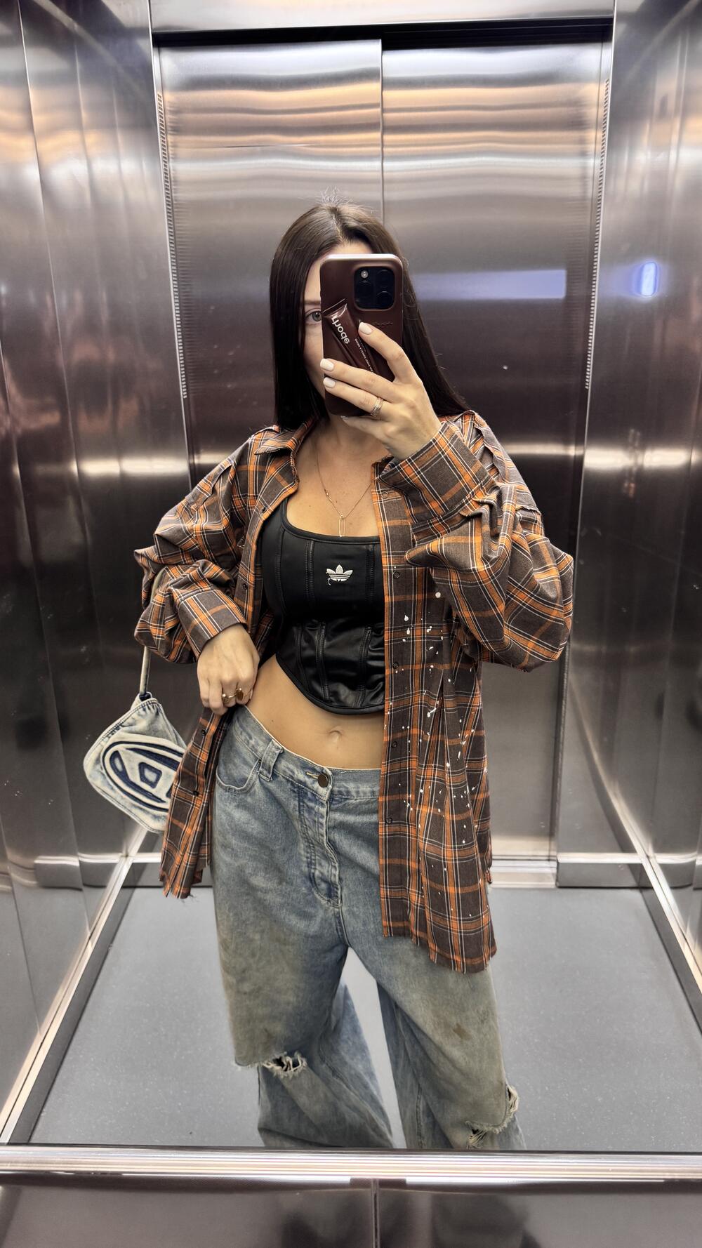 Шоколадна з помаранчевим сорочка у клітинку m/l