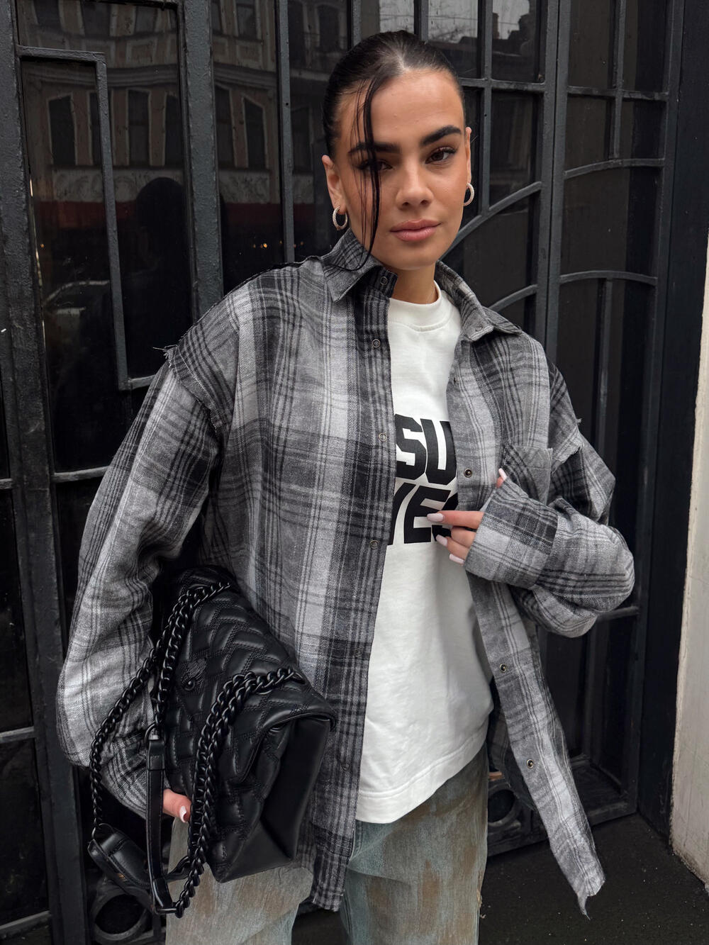 Сіра  сорочка у клітинку з ефектом варки s/m